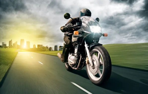 Road, the sun, light, the city, building, speed, motorcycle, male