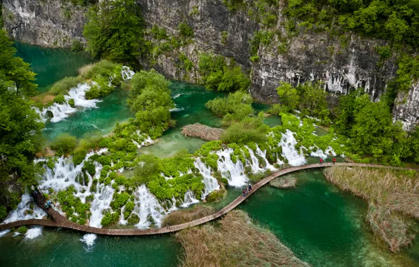 Greens, lake, tropics, rocks, vegetation, waterfall, the bridge, Croatia