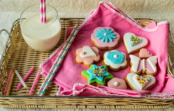 Picture flowers, heart, colored, star, food, colorful, milk, cookies