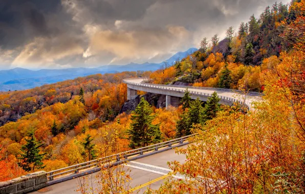 Road, autumn, landscape, mountains, clouds, bridge, nature, USA