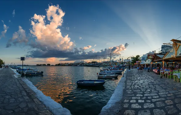 Picture sea, clouds, boat, Greece, promenade, harbour, Pythagorio