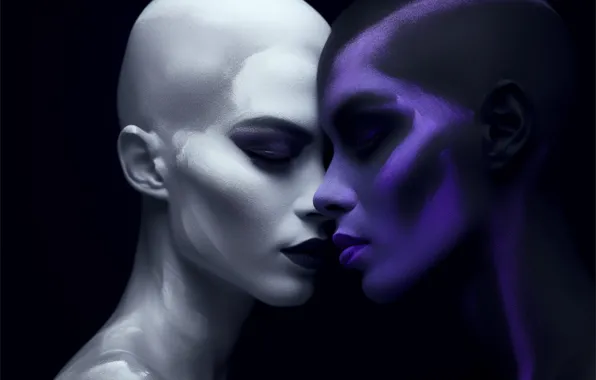 Girl, face, girls, paint, portrait, makeup, pair, black background