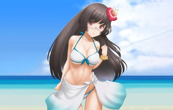 Girl, sexy, cleavage, beach, long hair, sea, boobs, anime