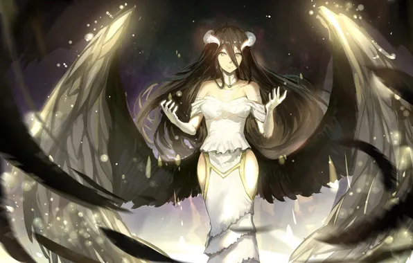 Girl, magic, wings, angel, anime, art, horns, Overlord