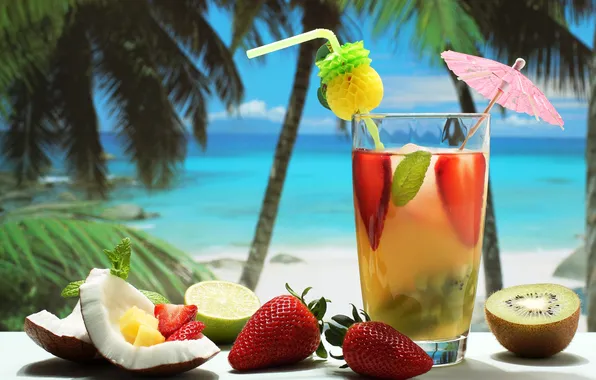 Picture summer, palm trees, umbrella, the ocean, stay, coconut, kiwi, strawberry