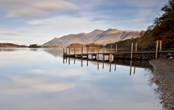 Picture trees, pebbles, lake, hills, shore, Marina, pier, pierce