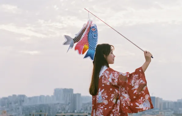 Fish, City, Sky, Beautiful, Asian, Model, Smile, Woman