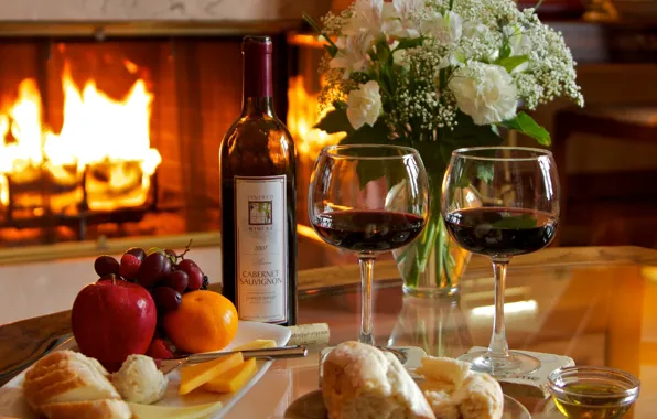 Picture flowers, table, wine, glasses, fireplace, fruit