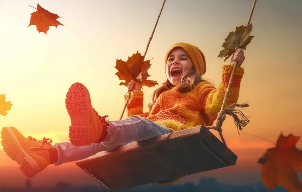 Autumn, the sky, leaves, light, joy, sunset, childhood, emotions