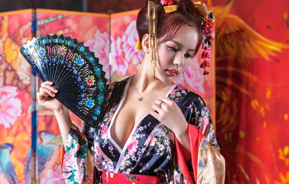 Girl, pose, hands, fan, screen, kimono, Asian