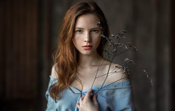 Look, girl, face, pose, background, room, portrait, freckles