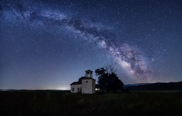 Picture field, stars, tree, hills, The Milky Way, Bulgaria, Sofia, secrets