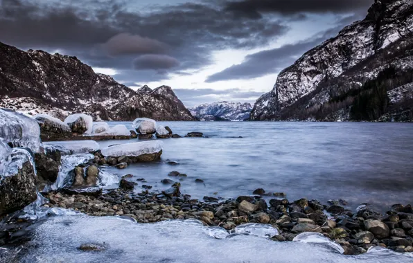 Picture sea, mountains, stones, rocks, ice