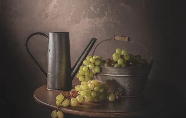 Green, the dark background, table, wall, round, food, grapes, bucket
