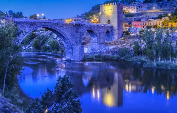 Picture the sky, bridge, lights, river, tower, home, the evening, slope