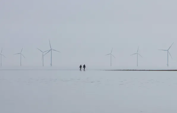Sea, fog, windmills, fishermen