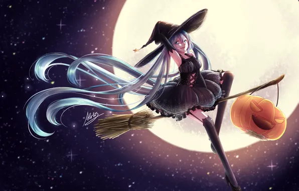 Picture the sky, girl, stars, the moon, hat, anime, art, pumpkin