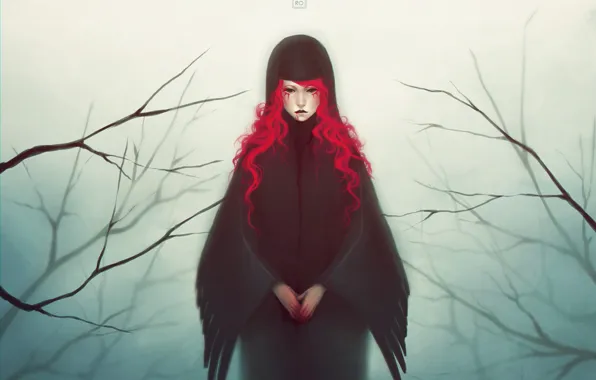 Girl, branches, blood, wings, art, red hair, mezamero