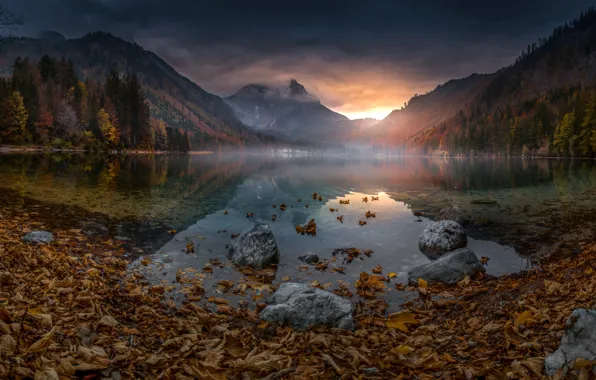 Autumn, landscape, mountains, nature, fog, lake, reflection, stones