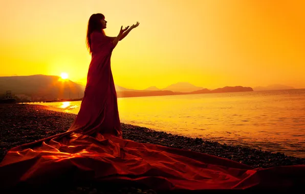 Picture BEACH, STONES, SEA, MOUNTAINS, HANDS, DRESS, BROWN hair, SUNSET