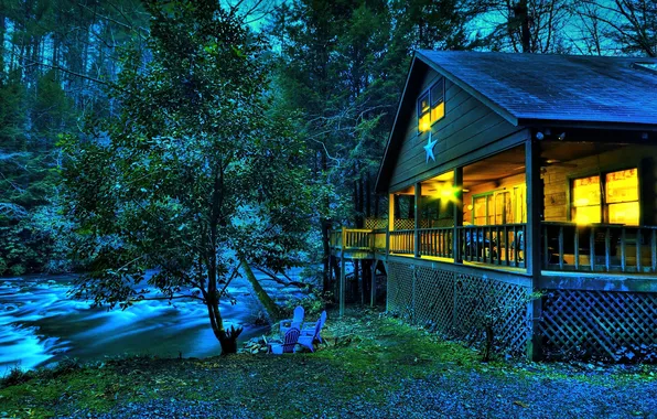 Forest, trees, house, river, chairs, the evening, USA, Georgia