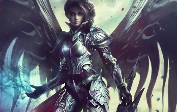 Girl, fiction, wings, angel, sword, art, armor, Archangel of the Infinite