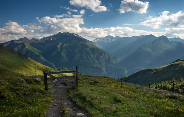 Greens, the sky, grass, the sun, clouds, mountains, trail, slope