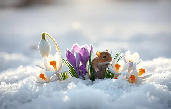 Winter, light, snow, flowers, spring, mouse, mouse, snowdrops
