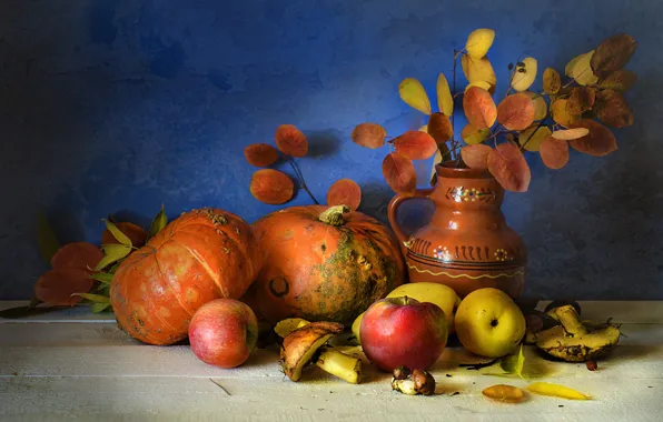 Autumn, leaves, branches, mushrooms, pitcher, fruit, still life, vegetables