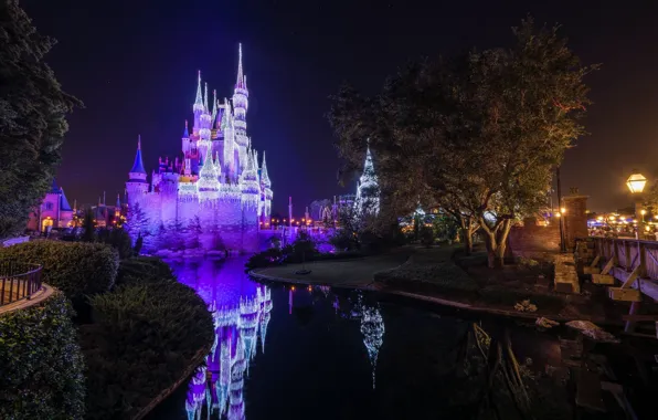 Night, lake, castle, Disneyland