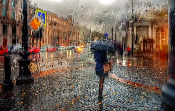 Girl, drops, rain, umbrella, Saint Petersburg, Nevsky, autumn