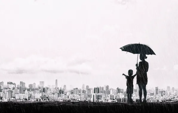 The city, umbrella, rain, mood, boy, black and white, panorama, Taiwan