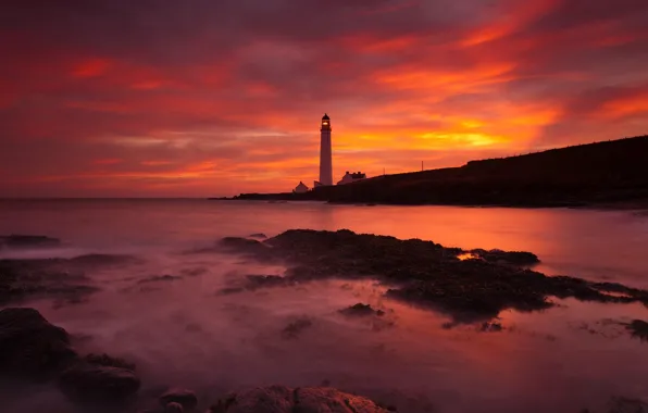Beach, stones, the ocean, dawn, lighthouse, Scotland, Angus