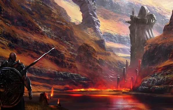 Water, mountains, lake, rocks, sword, warrior, art, stage