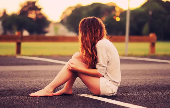 Asphalt, girl, hair, shorts, barefoot, shorts, long hair, barefoot