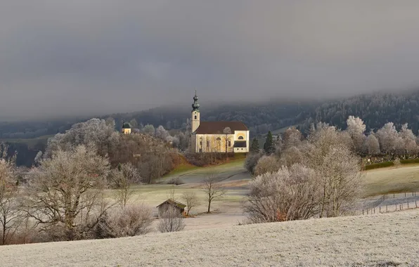 Frost, snow, Germany, slope, Bayern, Church, Ruhpolding