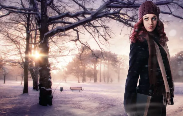 Picture winter, girl, the sun, snow, trees, nature, background, fiction