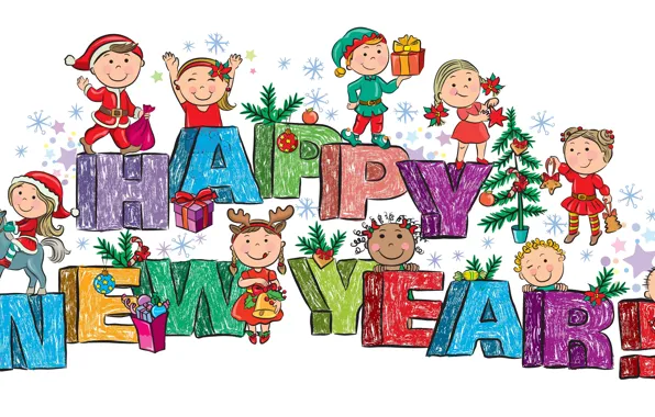 Picture children, toys, tree, gifts, Happy New Year
