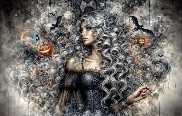 Girl, night, blonde, pumpkin, Halloween, witch, bats, black dress