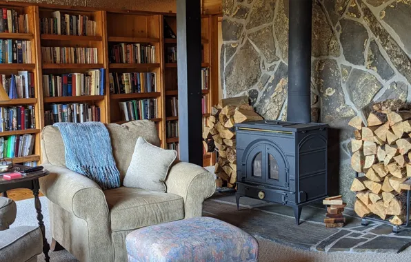 Design, style, heat, interior, fireplace, library, living room, cozy