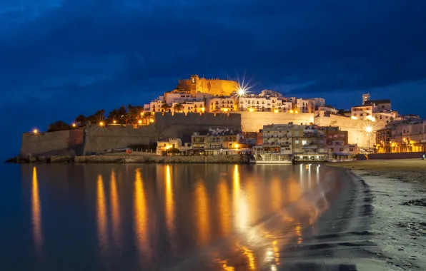 Sea, night, lights, coast, lights, Spain, Castellon, Peniscola