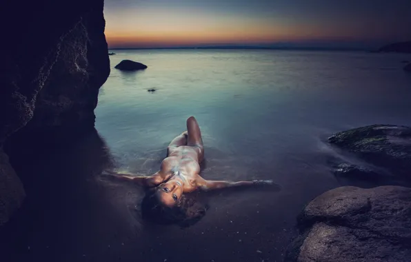 Sea, chest, girl, landscape, sunset, pose, stones, shore