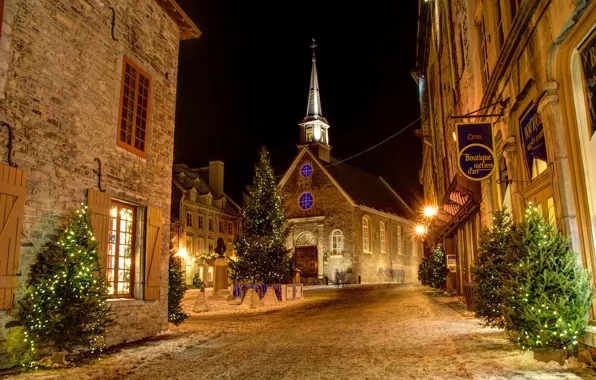 Night, tree, Canada, Christmas, garland, NOVOGODNIE, Quebec,