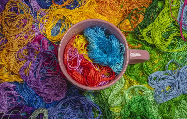 Bright, yellow, blue, green, mug, Cup, red, thread