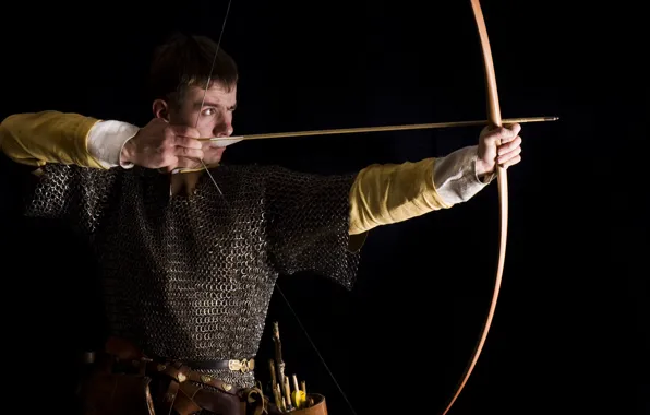 Picture bow, arrow, pointing, chainmail, medieval archer