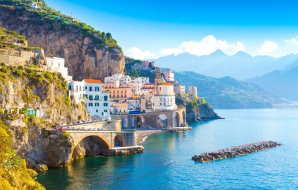 Sea, mountains, bridge, home, Italy, Amalfi
