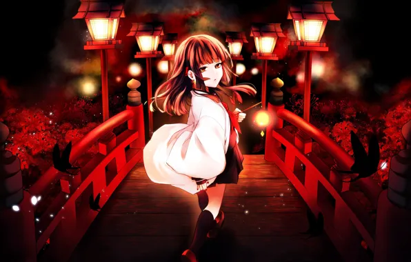 Picture girl, night, anime, lights