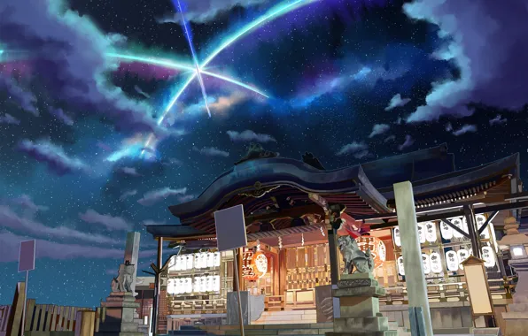 Clouds, night, comet, temple