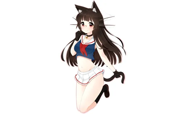 Girl, sexy, school uniform, long hair, brown hair, animal ears, anime, beautiful