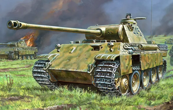 Picture fire, flame, war, attack, figure, art, tanks, infantry